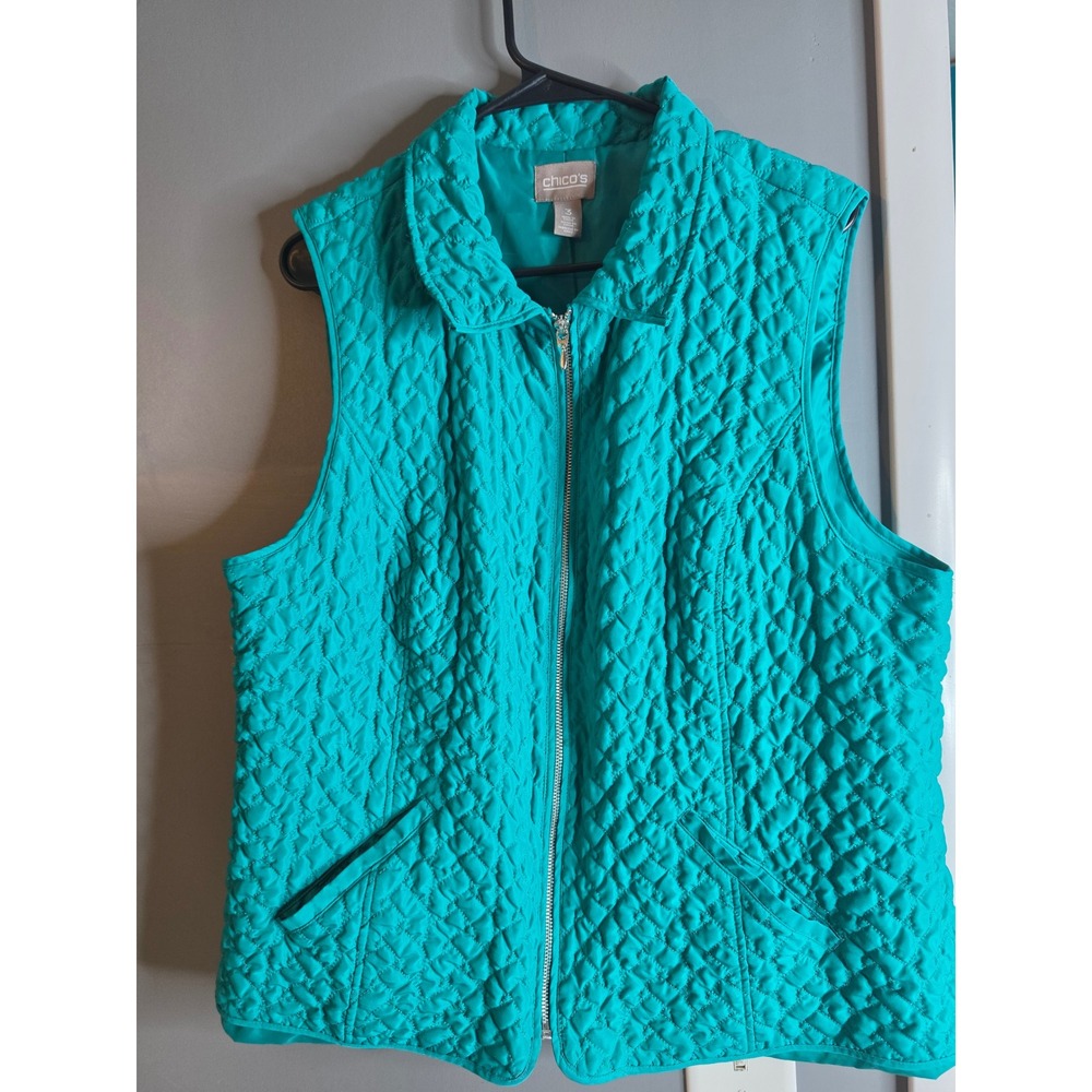Chicos Quilted Zip Up Vest Turquoise Teal Blue Size 3 Large XL Sleeveless Jacket